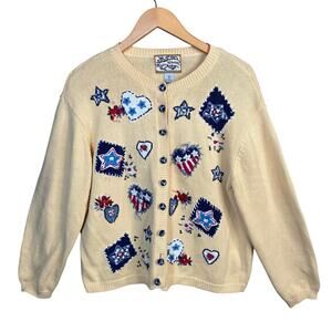 Vintage Heirloom Collectibles XL Patriotic Cardigan Sweater USA Stars Hearts
